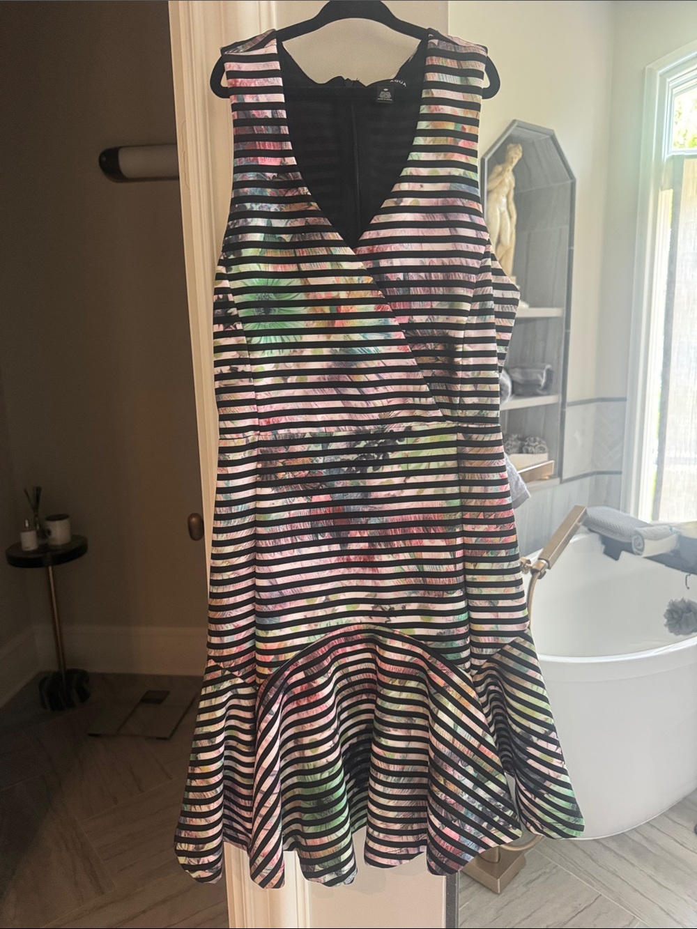 Aqua Black Striped Floral Fit-and-Flare Dress